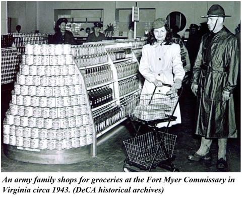 An Army family shops for groceries at the Fort Myer Commissary in Virginia circa 1943