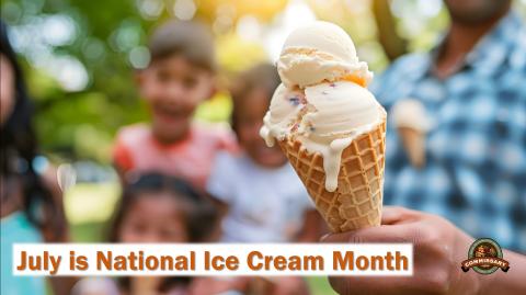 hand holding vanilla ice cream cone with people in background