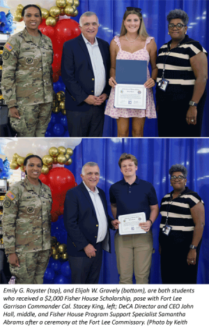 Emily G. Royster (top), and Elijah W. Gravely (bottom), are both students who received a $2,000 Fisher House Scholarship, pose with Fort Lee Garrison Commander Col. Stacey King, left; DeCA Director and CEO John Hall, middle, and Fisher House Program Support Specialist Samantha Abrams after a ceremony at the Fort Lee Commissary. (Photo by Keith Desbois, DeCA Corporate Communications)